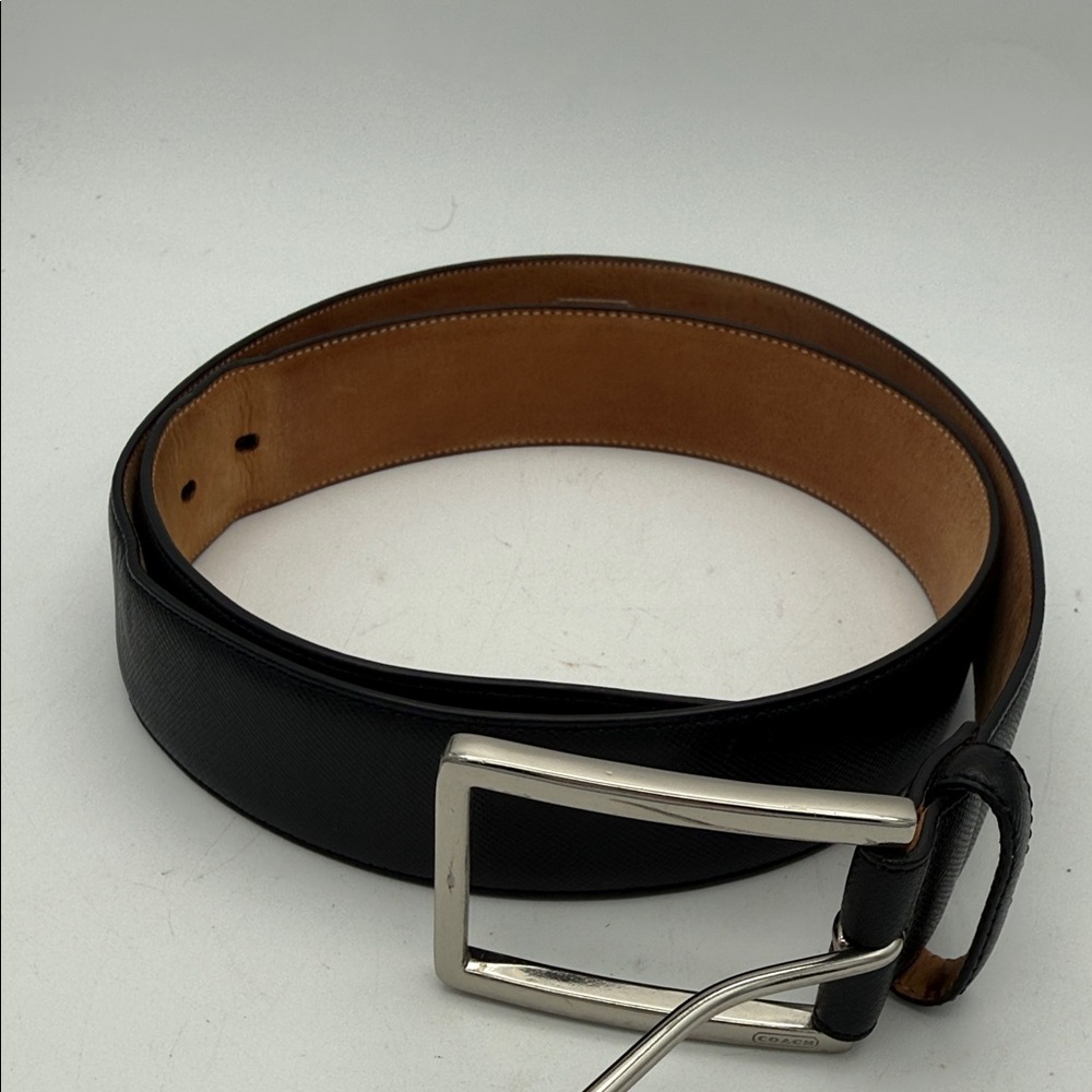 Men’s Coach black calf skin and brass  belt sz 36 D11 90246 1.5” width